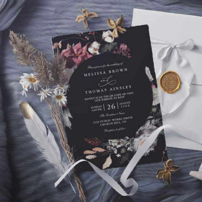 Torkade Burgundy Rustika Blommor Boho QR-kod Bröll Inbjudningar (Skapare uppladdad)