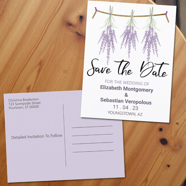 Torkade lavendelknippen för brölloppsinbjudan meddelande vykort (Postcard template save the date front and back.)