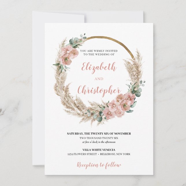 Torkade pampas Grass WAN Ro Orchid Eucalyptus Inbjudningar (Framsida)