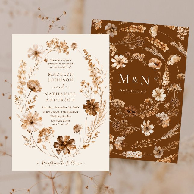 Torkade vilda blommor jordtoner Boho trädgård bröl Inbjudningar (Skapare uppladdad)