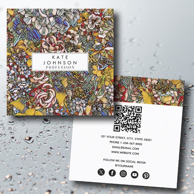 Torkat glas, botaniskt Blommigt Fyrkantigt Visitkort (Stained Glass Botanical Floral Square Business Card)
