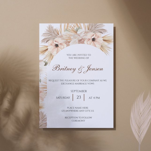 Torkat handflatan och löv Boho stil för bröllop Inbjudningar (Modern boho wedding invitation with pampas grass arch and elegant minimalist typography.)