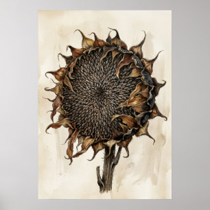 Torkat solros botaniskt tryck Vintage natur I