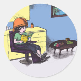 Torkhår i en skönhetsalon runt klistermärke