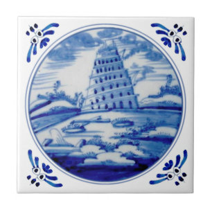 Torn av Babel Blue White Delft 1800-talets Repro Kakelplatta