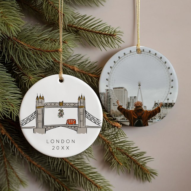 Torn Bridge London Dubbla Decker jul Photo Julgransprydnad Keramik (London souvenir moments photo ornament)