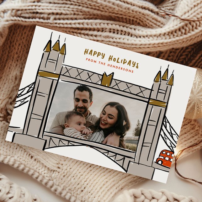 Torn Bridge London Dubbla Decker jul Photo Julkort (Tower Bridge London Double Decker Bus Illustration Christmas Photo Holiday Card)