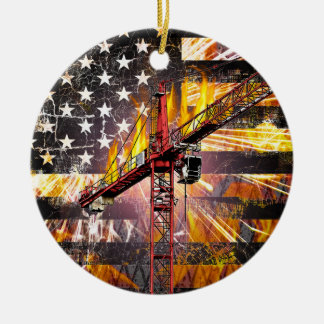 Torn Crane Operator Flagga Julgransprydnad Keramik