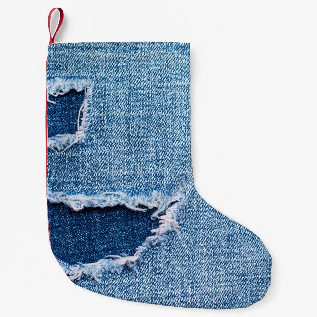 Torn denim-väv struktur, blå nyanser. liten julstrumpa (Framsidan)