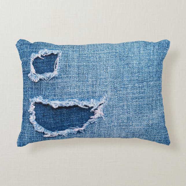 Torn denim-väv struktur, blå nyanser. prydnadskudde (Framsidan)