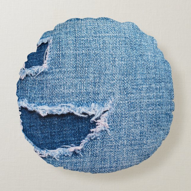 Torn denim-väv struktur, blå nyanser. rund kudde (Framsidan)