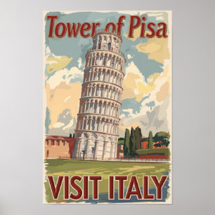Torn i Pisa Italien Painterly Travel Art Vintage Poster