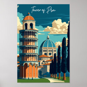 Torn i Pisa Italien vintage resor illustration Poster