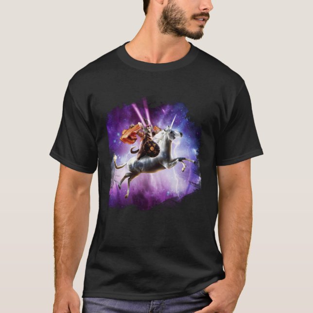 Tornado Cat Riding Unicorn med Bacon T Shirt (Framsida)