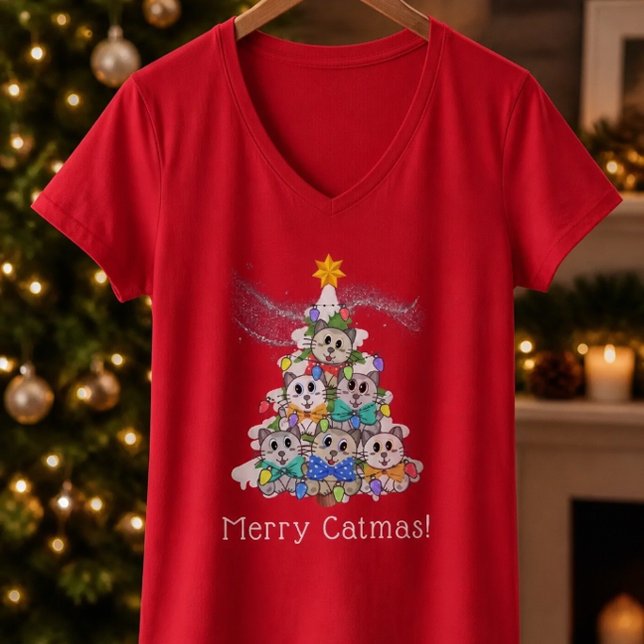 Tornande Glad Julkatmas! Röd V-ringad T-Shirt  (Skapare uppladdad)