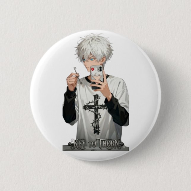 Törnig Krona Anime Pojke med Nyckel - Kantiga Blå  Knapp (Framsida)