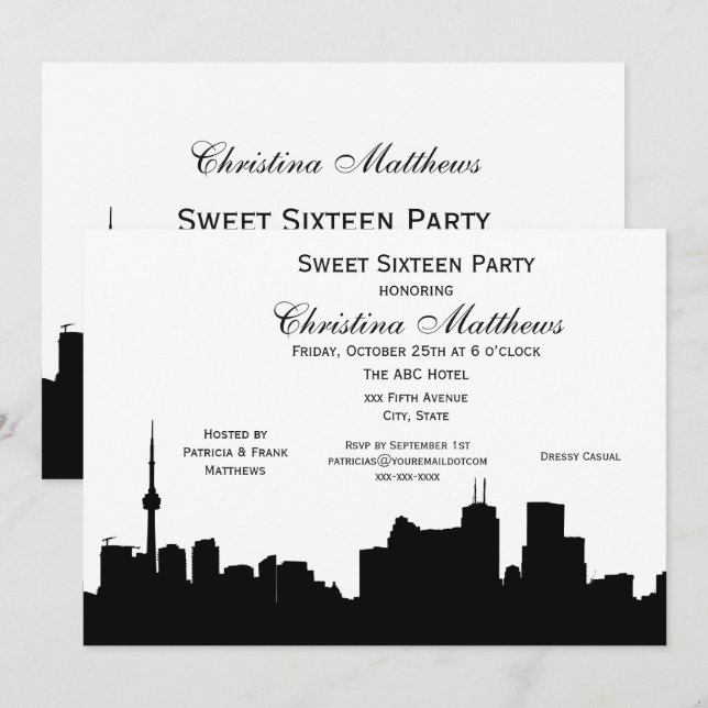Toronto Siluett DIY BG Färg Sweet 16 Inbjudningar (Fram/baksida)
