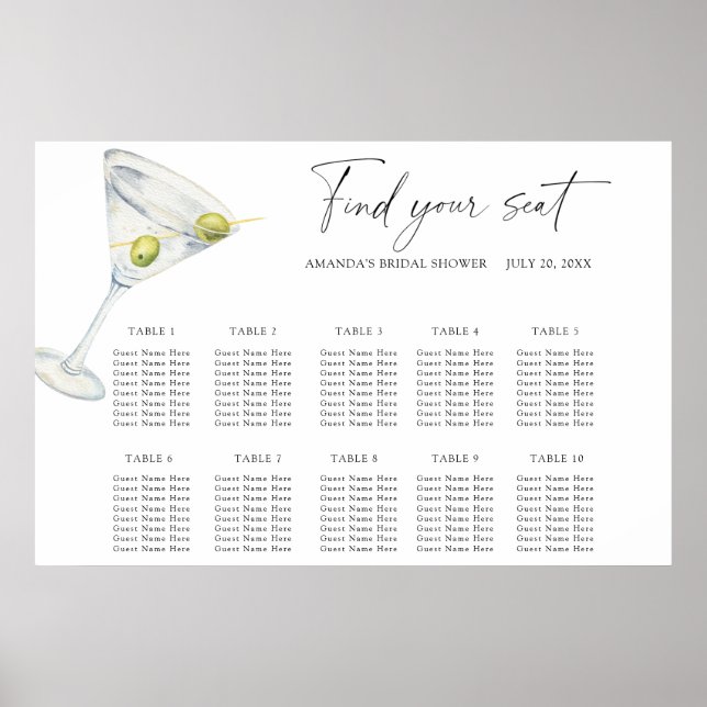 Torr Martini Cocktail Bröllops sittplatskarta Poster (Framsidan)