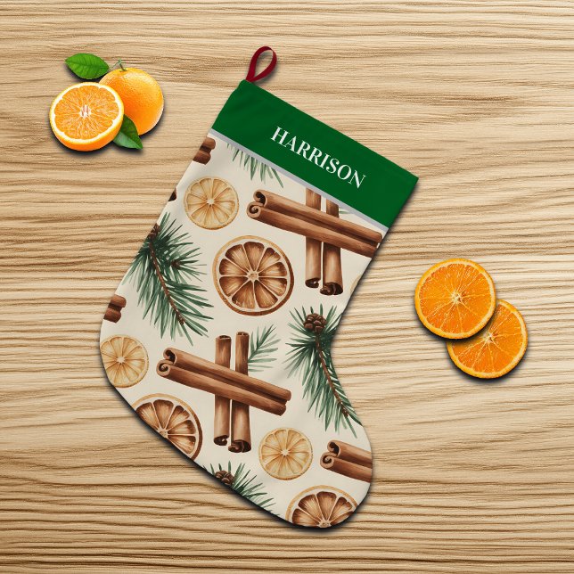 Torrade apelsiner kanelpinnar granar stor julstrumpa (Skapare uppladdad)