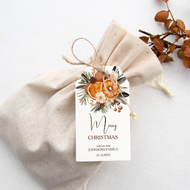 Torrcitrusfrukter från russin under jul presentetikett (Rustic Christmas botanical dry citrus winter flowers personalized Gift Tags)