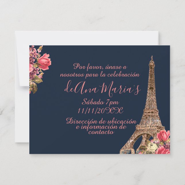 Torre Eiffel elegante, beklaglig de la Quinceanera Inbjudningar (Baksida)