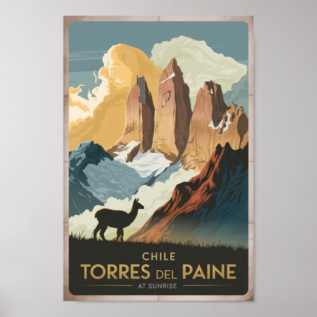 Torres del Paine Chile Illustration Travel Art Poster (Framsidan)