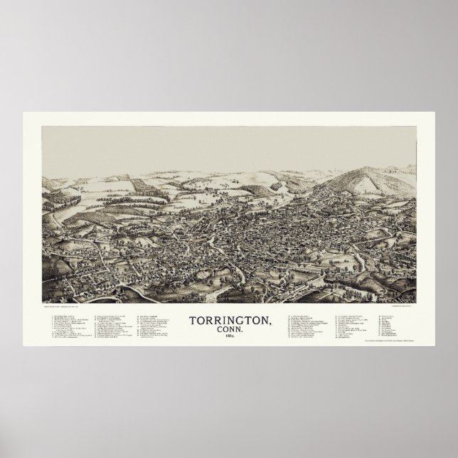 Torrington, CT Panoramic Karta - 1889 Poster (Framsidan)