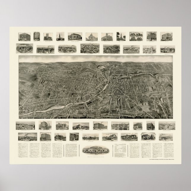 Torrington, CT Panoramic Karta - 1909 Poster (Framsidan)