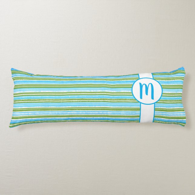 Torsk, blå, Grönt och vitt Rand Monogram Kroppskudde (Framsidan)