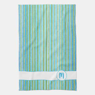Torsk, blått, Grönt och vitt Rand Monogram Kökshandduk