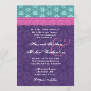Torsk, Rosa och Lila Snöre Bröllop Monogram G500D Inbjudningar
