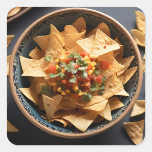 Tortilla chip med salsa i en skål fyrkantigt klistermärke