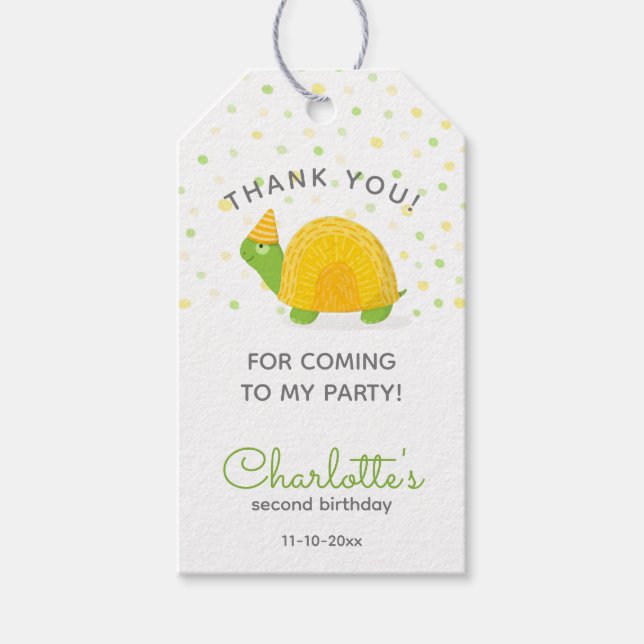 Tortoise, gröntens gult, barn födelsedag presentetikett (Framsidan)