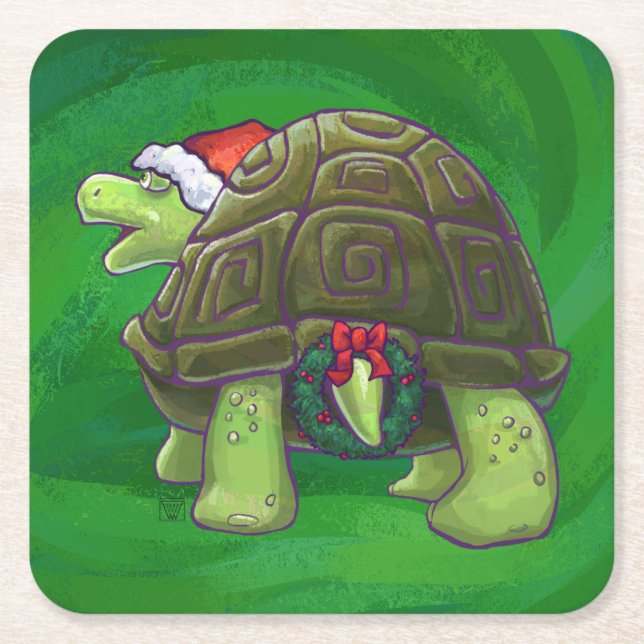 Tortoise i Santa Hat On Grönt Underlägg Papper Kvadrat (Framsidan)