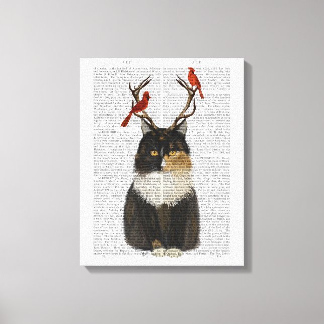 Tortoiseshell Cat med Antlers och Red Birds Canvastryck (Framsida)