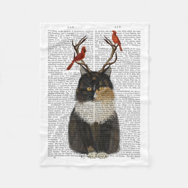 Tortoiseshell Cat med Antlers och Red Birds Fleecefilt (Framsidan)