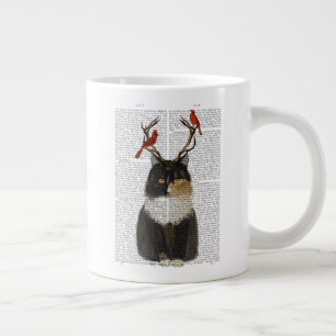 Tortoiseshell Cat med Antlers och Red Birds Jumbo Mugg