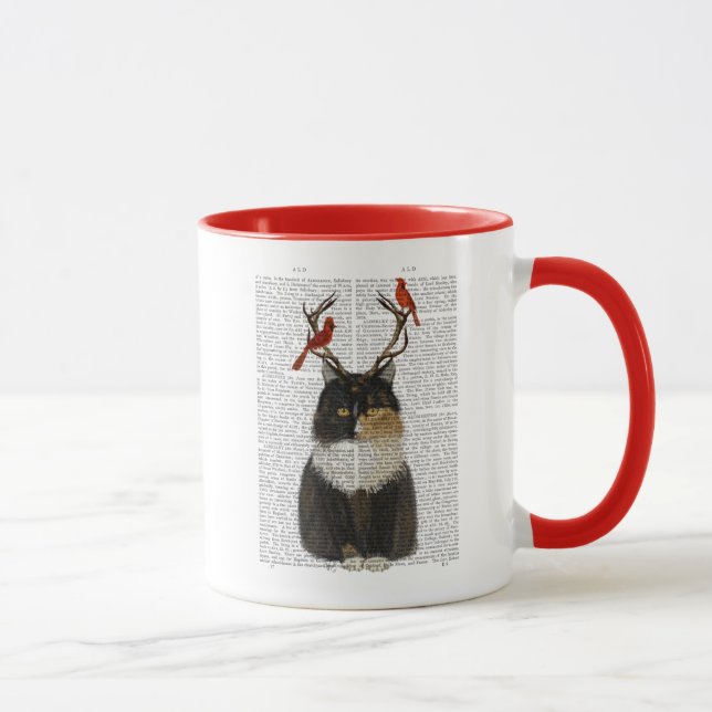 Tortoiseshell Cat med Antlers och Red Birds Mugg (Höger)