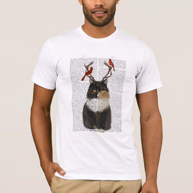 Tortoiseshell Cat med Antlers och Red Birds T Shirt (Framsida)