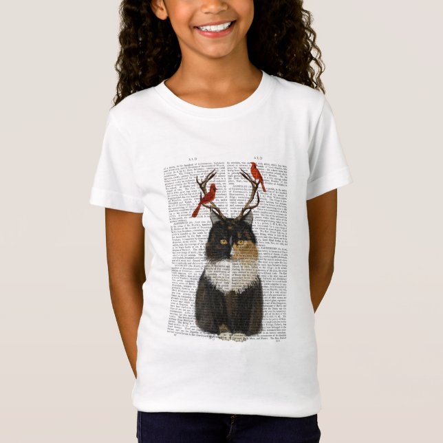 Tortoiseshell Cat med Antlers och Red Birds T Shirt (Framsida)