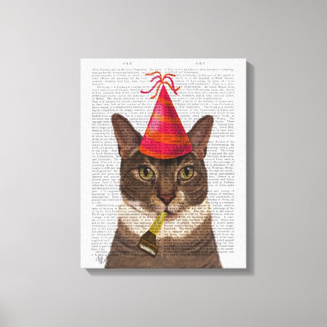 Tortoiseshell Cat med Party Hat Canvastryck (Framsida)