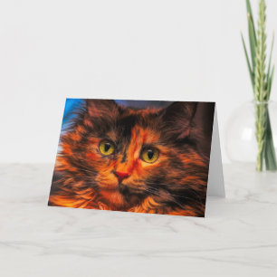 Tortoiseshell Fluffy Cat Digital Oljemålning Kort