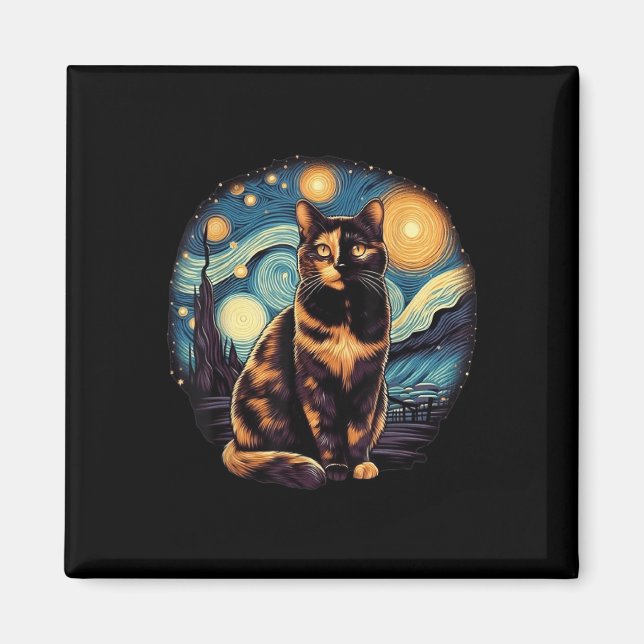 Tortoiseshell Tortie Starry Night Kattunge Art Magnet (Framsidan)