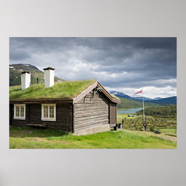 Torvtak logi stuga i Norge affisch (Framsidan)