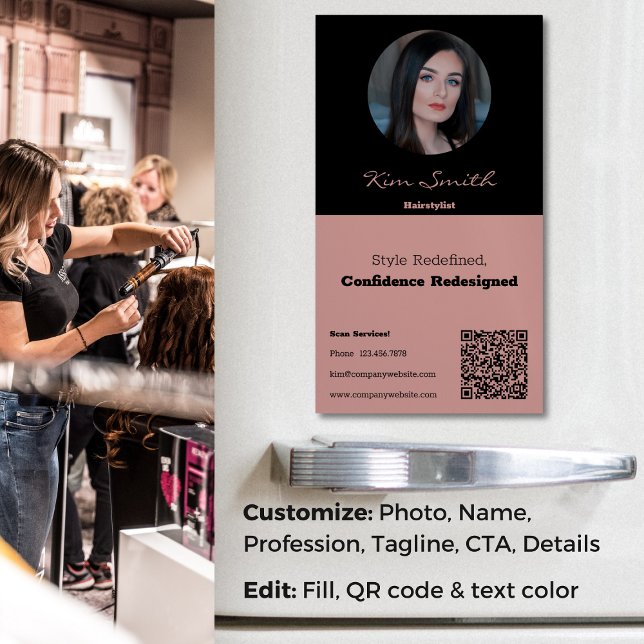Toscana & Black Professionell Hair Stylist QR-kod Magnetiska Visitkort (Tuscany & Black Professional Hair Stylist QR Code Business Card Magnet, Tagline, CTA, Profile Photo)