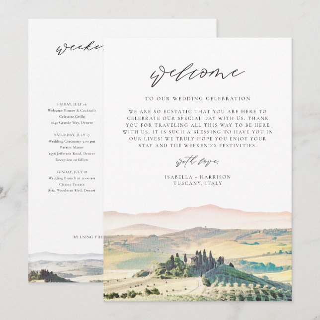 TOSCANA Destination Välkomstbrev Tidslinje Inbjudningar (Fram/baksida)