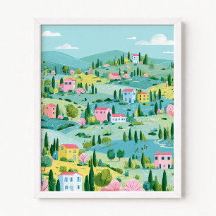Toscana i teal med rosa hus illustration poster