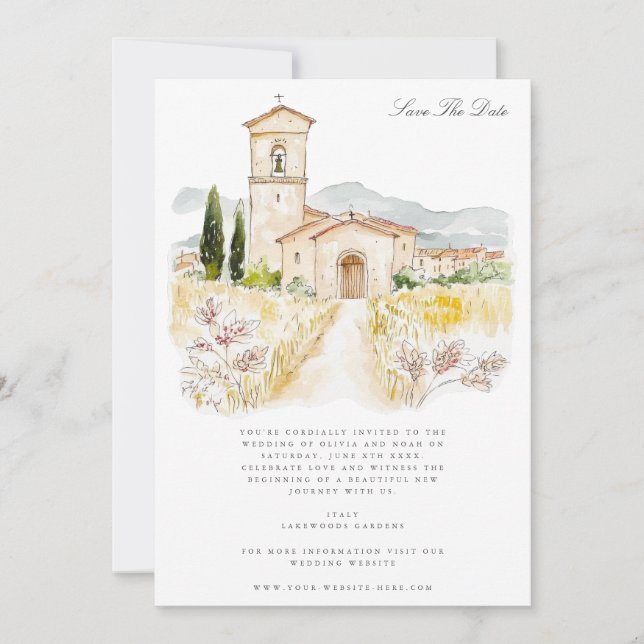 Toscanany Watercolor Italy Save Date Card Meddelande (Framsida)