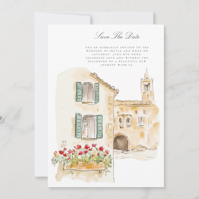Toscanany Watercolor Italy Save Date Card Meddelande (Framsida)