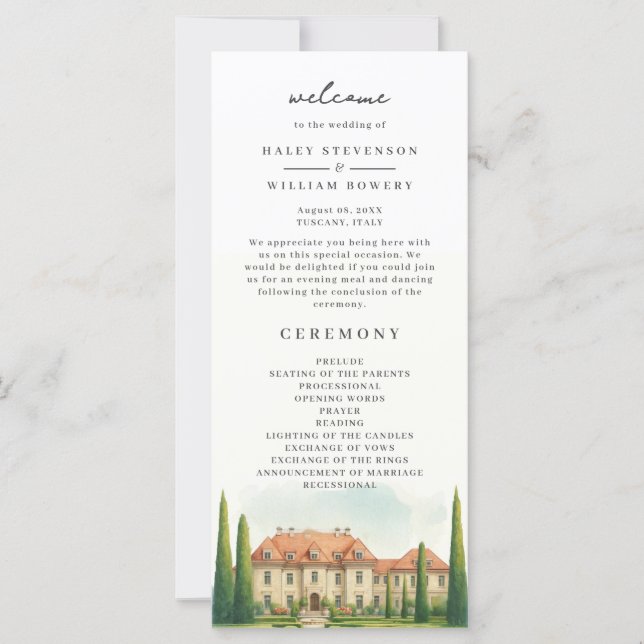 Toscanska italiensk villa akvarell bröllopsprogram (Framsida)